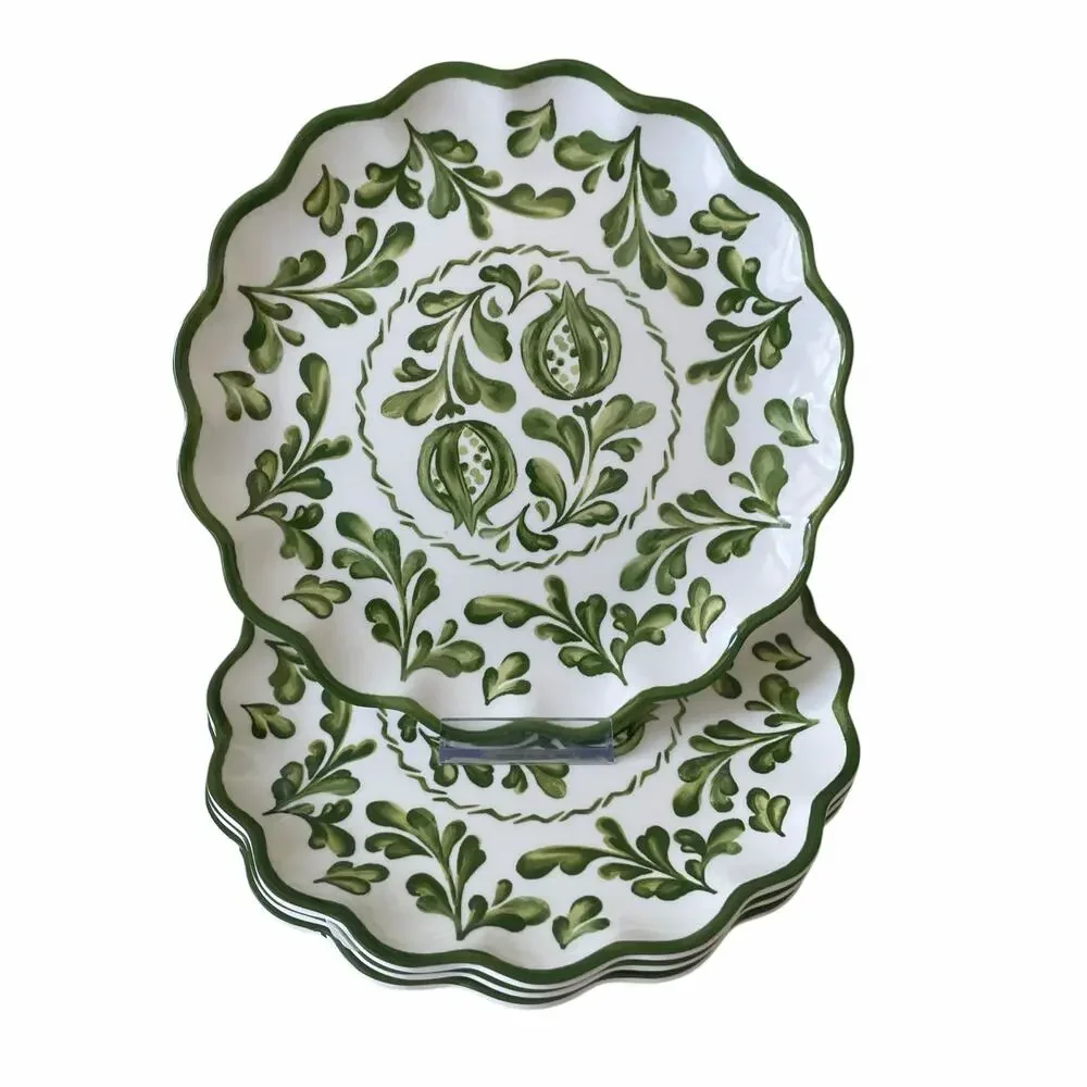 Shabby Chic Green Floral Melamine Dinner Plates 11in Set of 4 Indoor Outdoor NEW